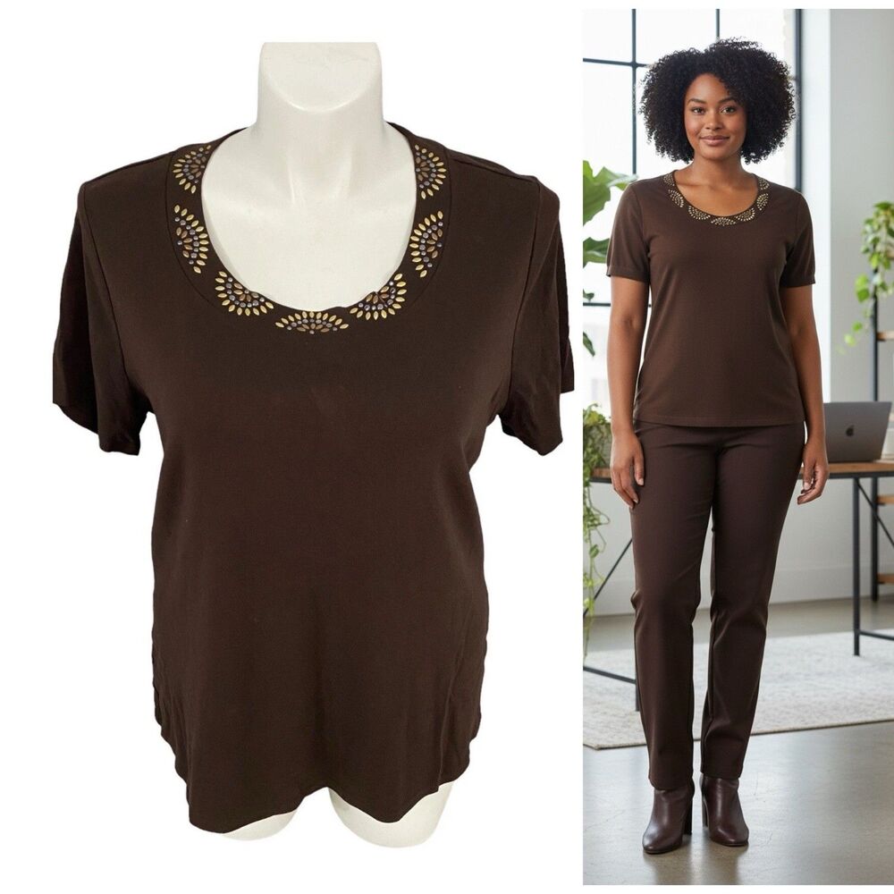 Style & Co Top Womens 2X Tee Brown Studded Shirt Work Minimalist Bling Basic